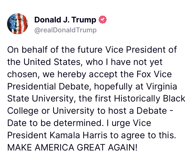 Breaking: Trump just accepted Fox’s request to host the VP debate on behalf of the future VP