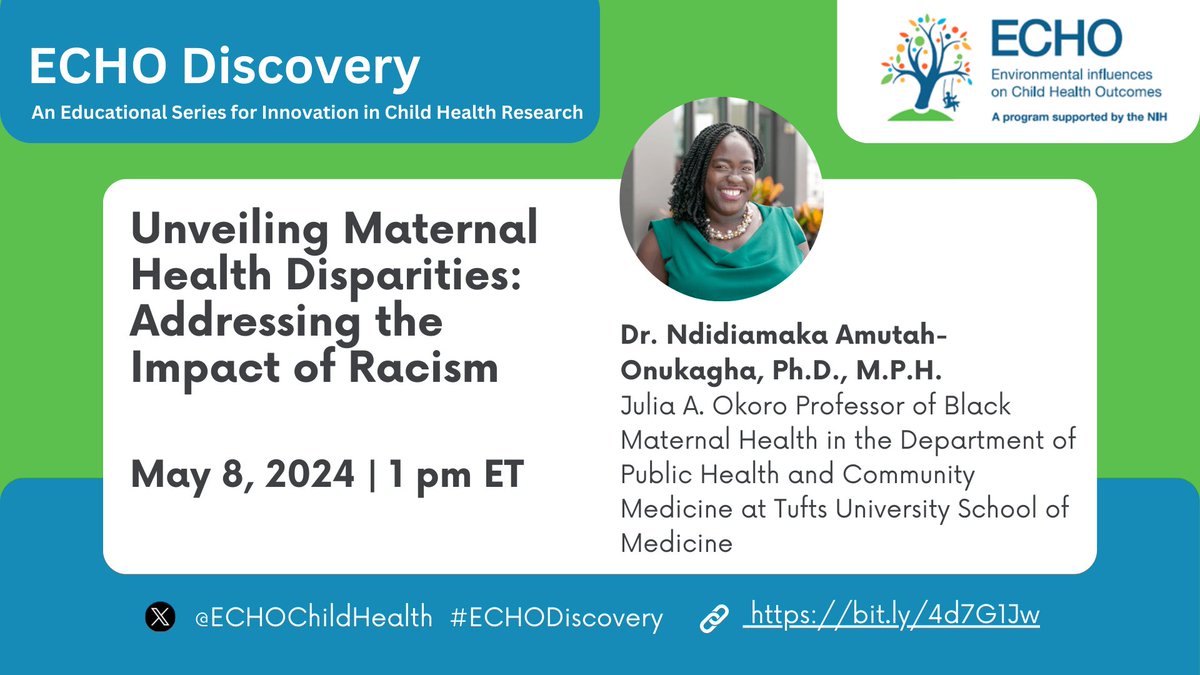 ECHO Child Health Research (@echochildhealth) on Twitter photo ICYMI: Why is it important to consider the role of racism when addressing maternal health disparities? Check out this #ECHODiscovery presentation by <a href="/PhDiva0618/">Dr. Ndidiamaka Amutah-Onukagha</a> of <a href="/TuftsMedSchool/">Tufts School of Medicine</a> to find out: bit.ly/4d7G1Jw ICYMI: Why is it important to consider the role of racism when addressing maternal health disparities? Check out this #ECHODiscovery presentation by <a href="/PhDiva0618/">Dr. Ndidiamaka Amutah-Onukagha</a> of <a href="/TuftsMedSchool/">Tufts School of Medicine</a> to find out: bit.ly/4d7G1Jw