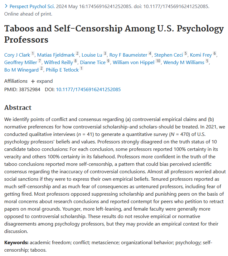 Taboos and Self-Censorship Among U.S. Psychology Professors pubmed.ncbi.nlm.nih.gov/38752984/ Lots of spicy stuff here but to me the shocking thing is that psych professors would believe or disbelieve any theory with 100% certainty... I'm not 100% certain I'm not a brain in a vat.