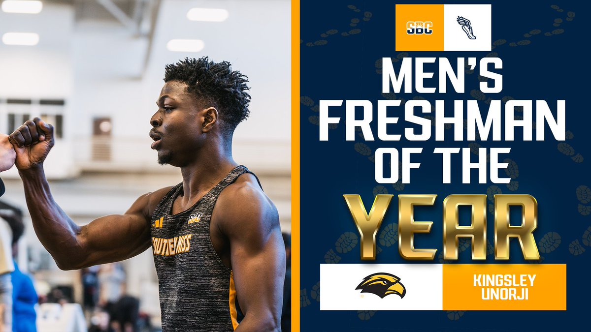 𝗚𝗢𝗟𝗗𝗘𝗡 𝗘𝗔𝗚𝗟𝗘. Kingsley Unorji from @SouthernMissTF scored in a pair of events at the outdoor championships to earn #SunBeltTF Men’s Freshman of the Year. ☀️👟 📰 » sunbelt.me/4bCrZyB