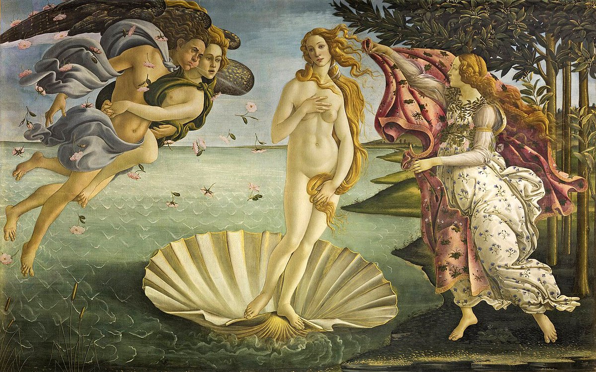 #QuadroDelGiorno
🎨#SandroBotticelli (Firenze, 1º marzo 1445 – Firenze, #17maggio 1510) - Nascita di Venere, 1485 circa.
Tempera su tela: 172,5×278,5 cm.
Firenze, Galleria degli Uffizi