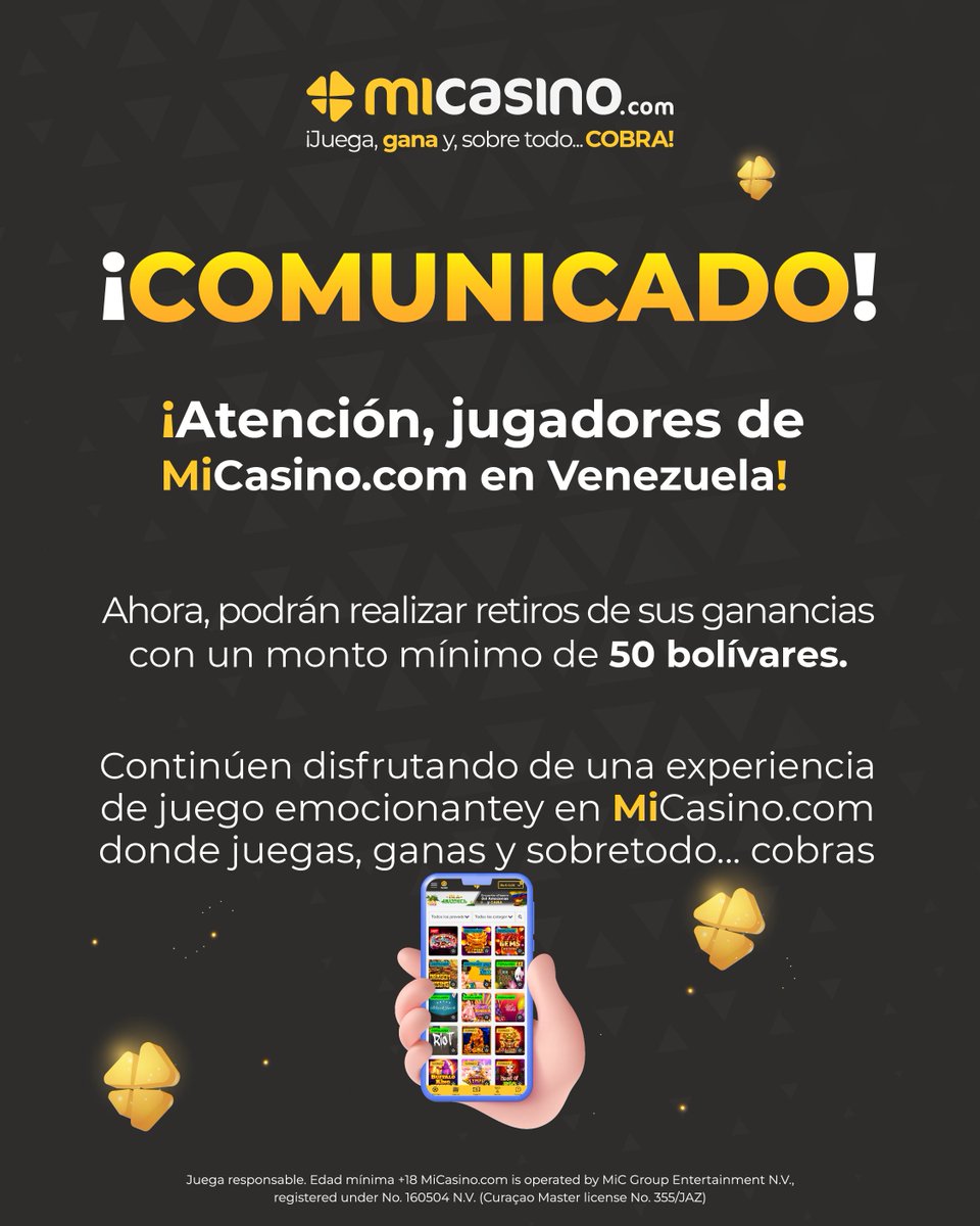 🚨🇻🇪 ¡ATENCIÓN, VENEZUELA! A partir de este momento, el monto mínimo de retiro en MiCasino.com es de 50 bolívares 💸 ¡Toma tus previsiones! 👀 👉🏻 Para más información, contáctanos por el chat de la plataforma 🤳🏻 #CasinoOnline #Información