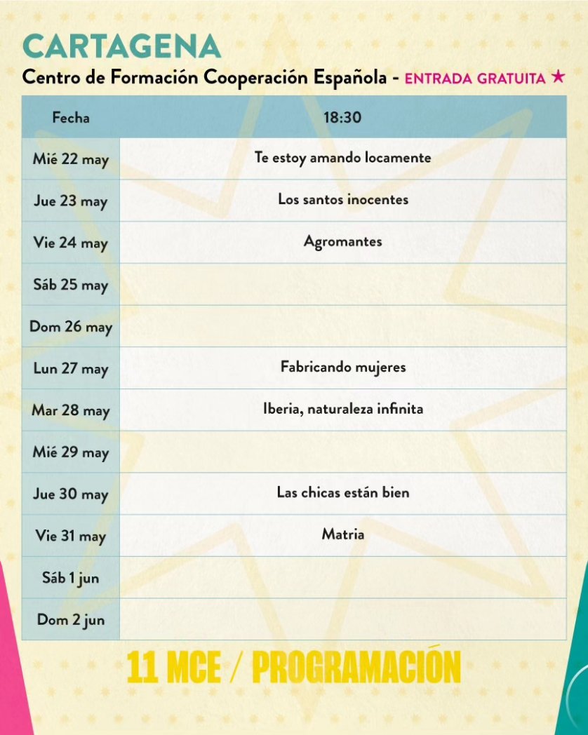 🎬 #11MCE | ¡Prográmate! #Cartagena será una de las ciudades que acogerá la 11ª Muestra de Cine Español, organizada por @EmbajadaEspCol. 🎥 Las proyecciones serán en el @CFCECartagena desde el miércoles 22 de mayo. ¡Te esperamos! Entrada libre. ➕ Info: bit.ly/3QO3Axo