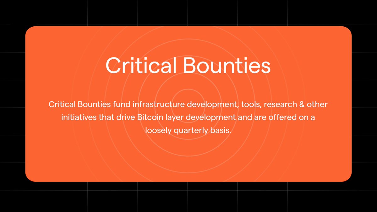 The Stacks Foundation is excited to announce the latest set of quarterly Critical Bounties (CBs). CBs are aimed at funding infrastructure development, tools, research, and other initiatives that drive Bitcoin layer development. Learn more about how you can apply 👇 1/2