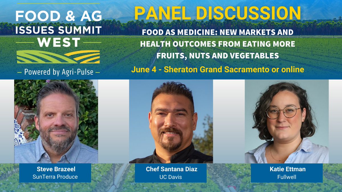 Food & Ag Issues Summit: Just how important is it to eat your veggies? Hear from a distinguished panel of experts about 'Food as Medicine' initiatives - Register today! agri-pulse.com/2024-West-Summ… @K_Ridgway @UCDavisHealth @FullwellPolicy #foodandag24 #foodasmedicine