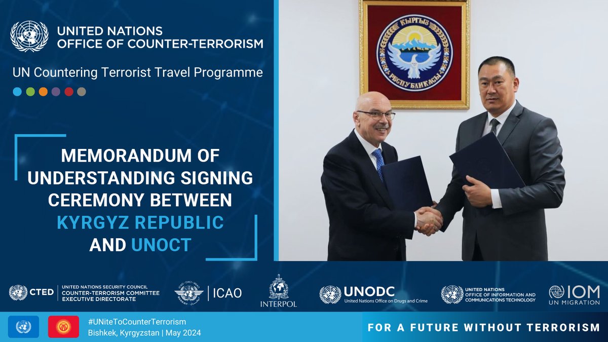 ✍️Today, @un_oct & #Kyrgyzstan 🇰🇬 signed an agreement on #CTTravel to strengthen cooperation in preventing & countering #terrorism travel by building national detection capacities using #API & #PNR🤝 🔗bit.ly/OCT-MEDIA #UNiteToCounterTerrorism