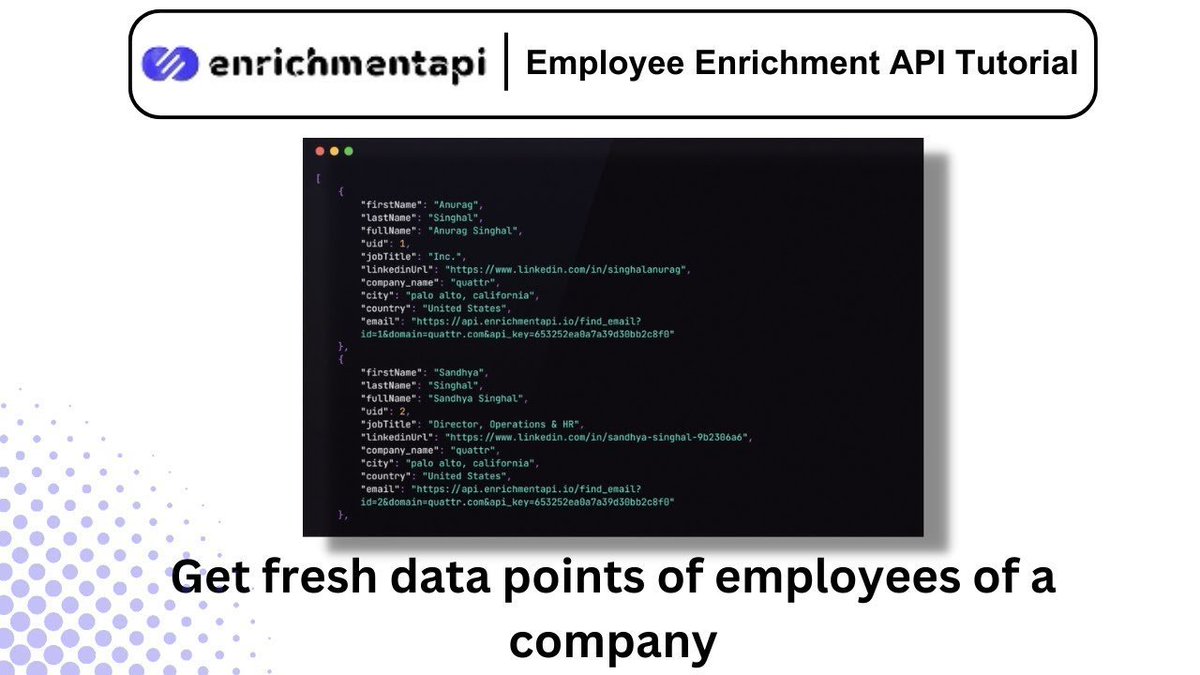 Employee Enrichment #APITutorial | How to Get Fresh #DataPoints for Employees (enrichmentapi.io) - rite.link/K8wb 👈🏼 compare #DataEnrichment #APIs