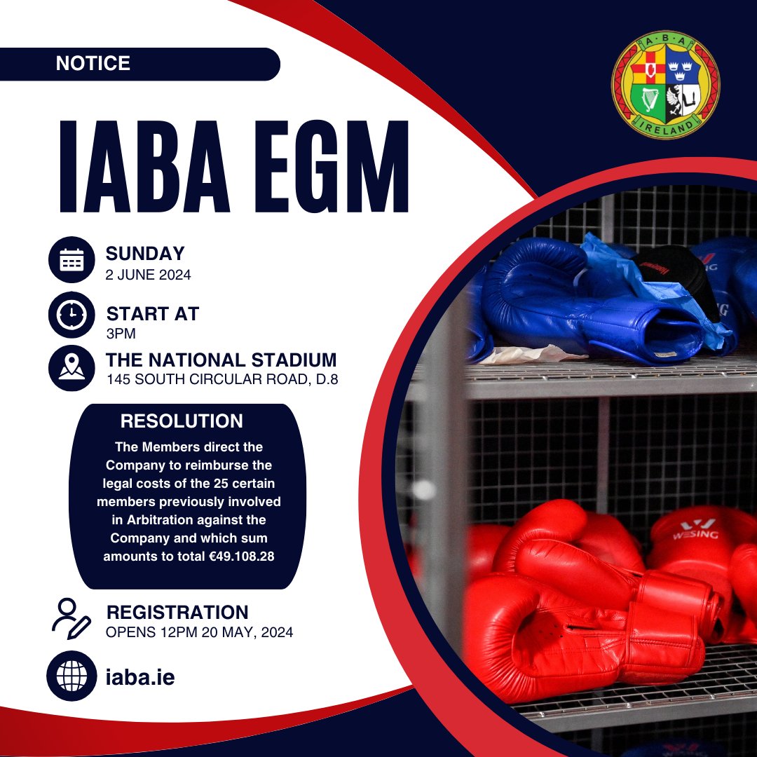 IABA gives notice of an EGM to take place on June 2nd Registration, for successfully affiliated clubs, opens at 12pm on May 20th, and closes at 5pm on May 30th. iaba.ie/iaba-egm-notic…