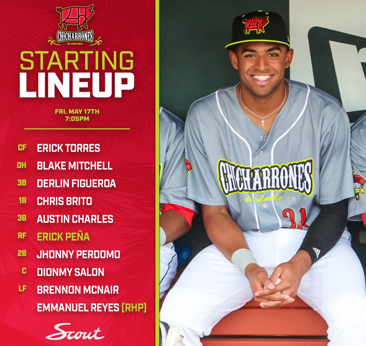 The Chicharrones are ready to battle it out on the baseball diamond versus Los Perros Santos de Charleston. Here is how the team will lineup for the first game of Copa de la Diversion Weekend, powered by Scout Motors Los Chicharrones están listos para pelear en el diamante de