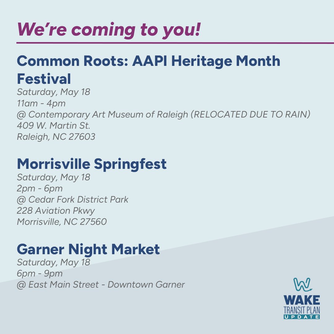 It's time to talk transit! Planners across Wake Co. will be at local events to get YOUR input. $700 million+ is forecasted to help improve public transportation countywide. What r your transit priorities? Find us! More info, events, survey: publicinput.com/WakeTransit2035 #WakeTransit