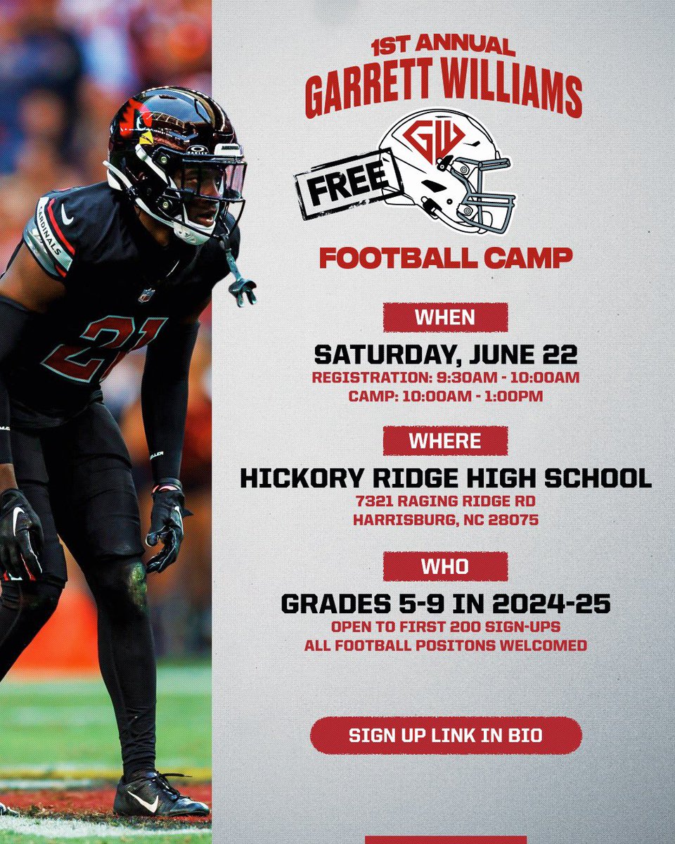 Super excited to announce the 1st Garrett Williams Youth Football Camp in my hometown! Open to boys &amp; girls grades 5th to 9th. Register now at the link in my bio. See y’all soon! 😎

#LLA