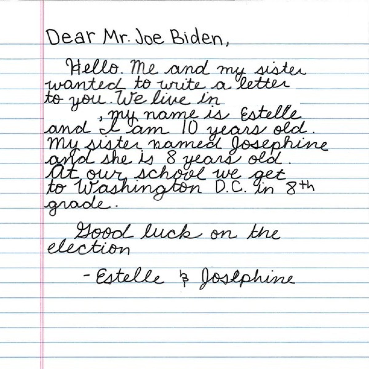 Dear Estelle and Josephine, Thank you for your kind wishes! I think you’ll love Washington, D.C. when you visit.