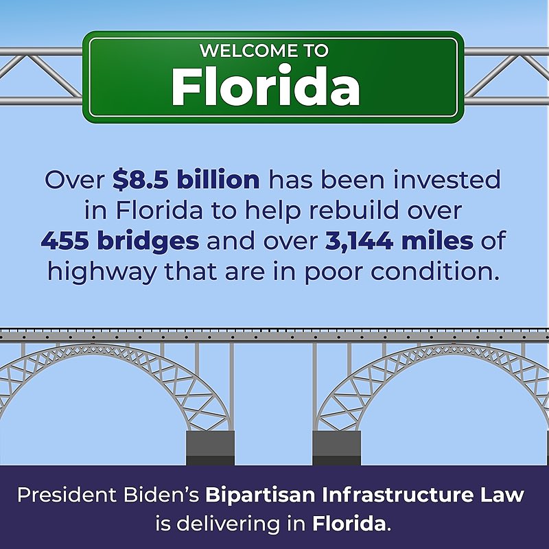 President Biden is repaving roads and rebuilding Florida's infrastructure from the ground up. Democrats deliver for Florida! #Infrastructure #VoteBlueForSoManyReasons #wtpGOTV24