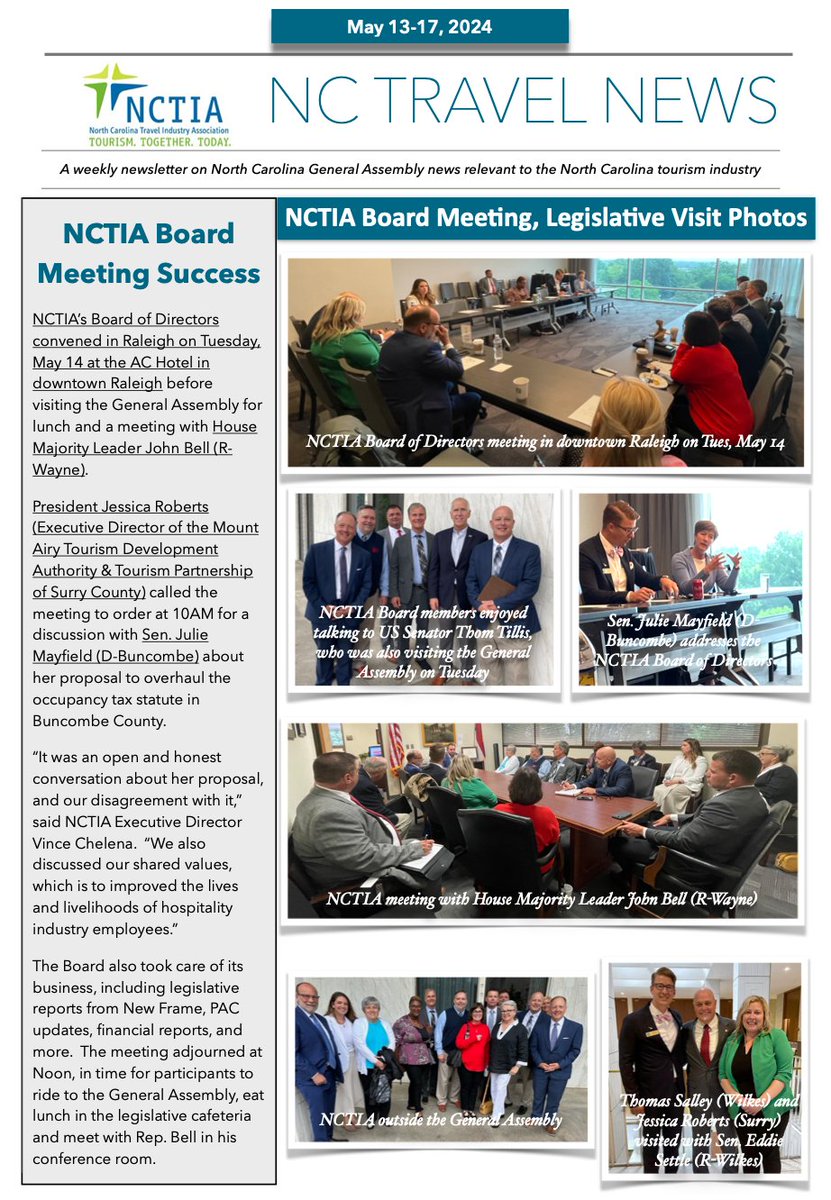 Special thanks to #NCGA House Majority Leader @JohnBellNC, Senator Julie @MayfieldforNC and other prominent #NCPOL lawmakers for spending quality time discussing the future of NC tourism with NCTIA board members. nctia.wildapricot.org/resources/Docu…