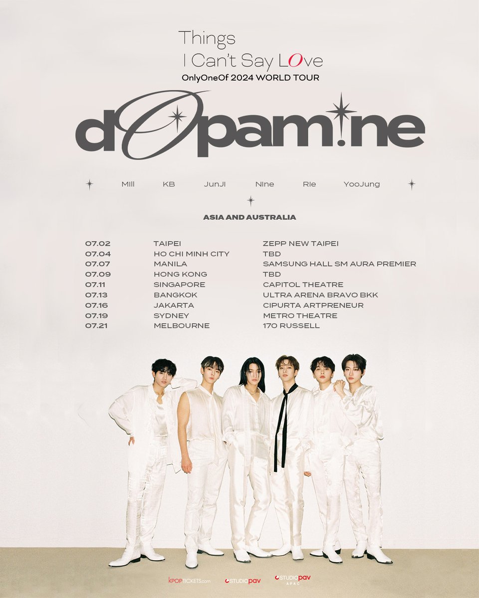 #lyOn, ❤️ OnlyOneOf 2024 World Tour – dOpamine ❤️ hits Asia & Australia🌏- July marks their 1st World Tour! 🎉✨* Macau show cancelled; hoping to see Macau lyOns next time! 🙌 Ticket info coming soon! 🎟️📢 #OnlyOneOf #OOOWorldTour2024 #OOO_dOpamine_Asia #OOO_dOpamine_Australia