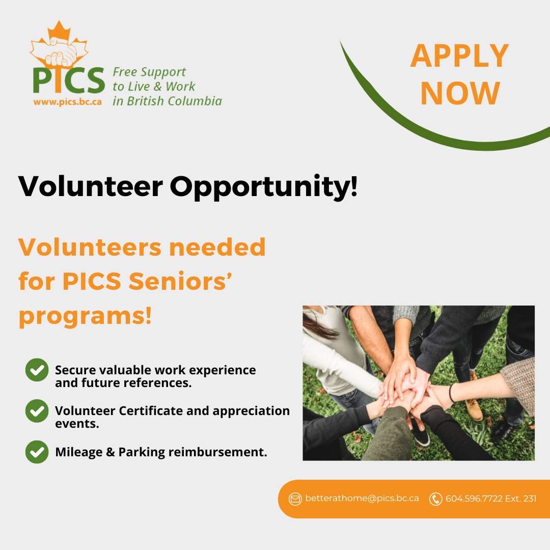 By volunteering with our Seniors' programs, you have the opportunity to be a ray of sunshine in a senior's life! Apply today with your resume at betterathome@pics.bc.ca or reach out at 604-596-7722 ext. 231. @CheemaSatbir