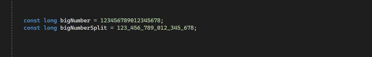 C# 7 Digit Separator
Code sample dotnetfiddle.net/TavbQg