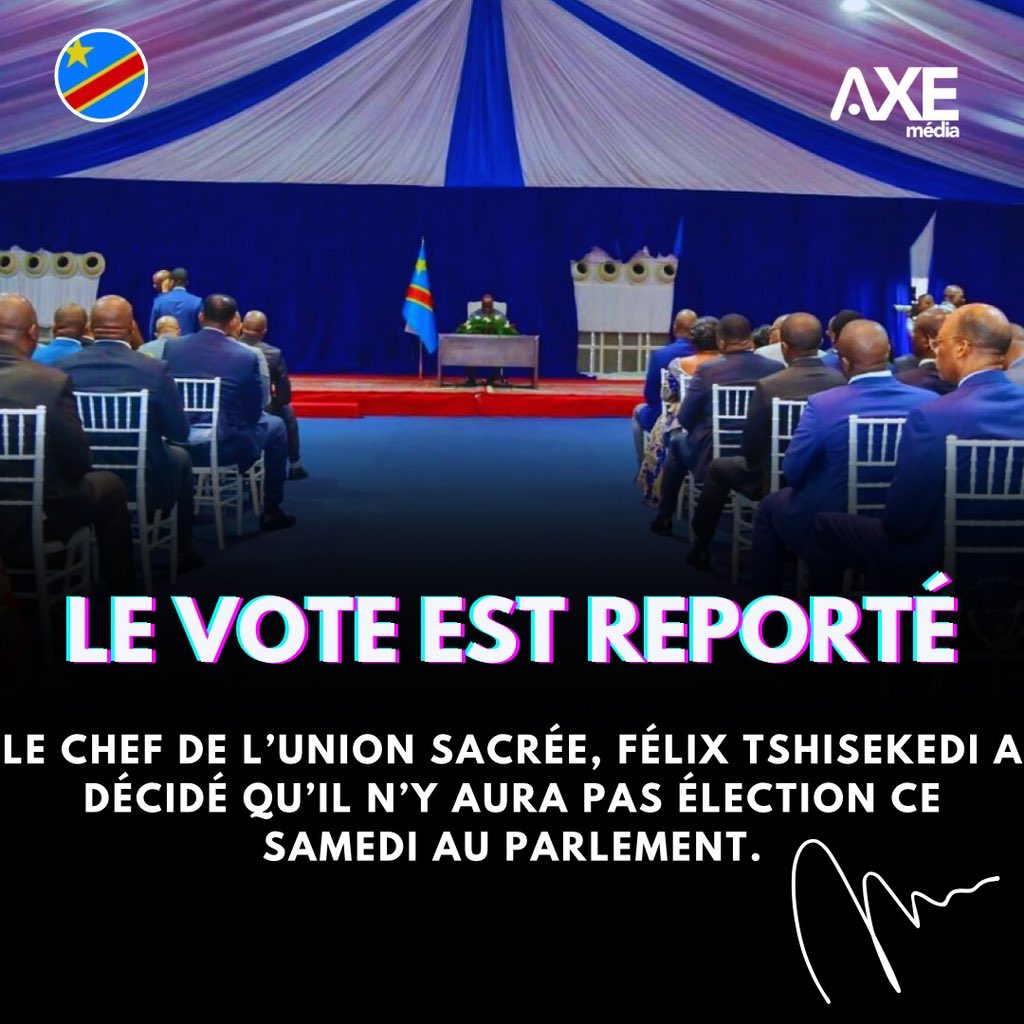 Prévue pour ce samedi, l’élection des membres du bureau définitif de l’assemblée nationale est reportée à une date ultérieure. Ainsi en a décidé le Chef de l’État après un entretien avec les élus de sa majorité. #AXEmedia 🇨🇩