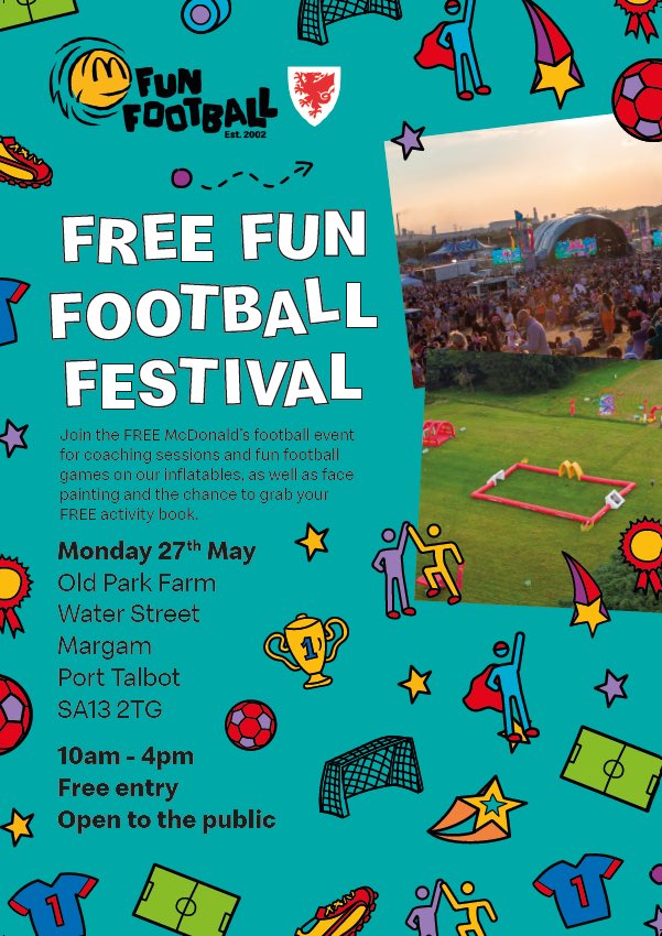 FAW MCDONALD'S FREE FUN FOOTBALL FESTIVALS ARE BACK!   Join us on Monday 27th May   With our full inflatable set, face painting, activity books and much more... Activities for the whole family to enjoy!   Register for free at: (research.net)