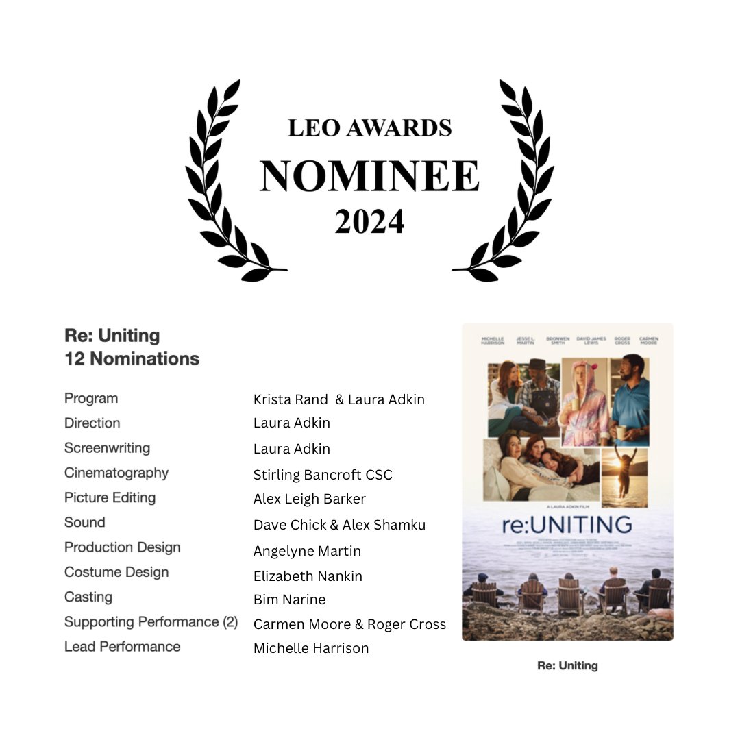 Huge congrats to Krista Rand and the team from Re: Uniting! Twelve nominations at this year's Leo Awards. Wow!

#LeoAwards #LeoAwards2024 #VancouverFilm #HollywoodNorth #FilmFriday