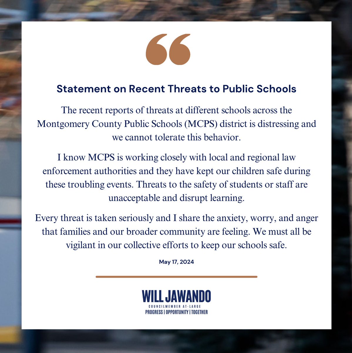 Every threat is taken seriously and I share the anxiety, worry, and anger that families and our broader community are feeling. We must all be vigilant in our collective efforts to keep our schools safe.