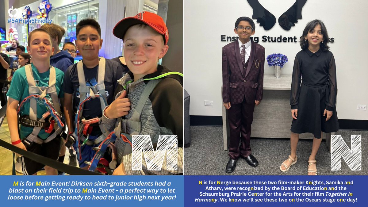 D54schools's tweet photo. It’s another special edition of #54High5Friday! The memorable moments we’re celebrating this week all have to do with the ABC Countdown to the last day of school! @halewolves54 @Lakeview54 @DirksenDolphins @nergeschool @D54Fairview https://t.co/FHbahrikt0