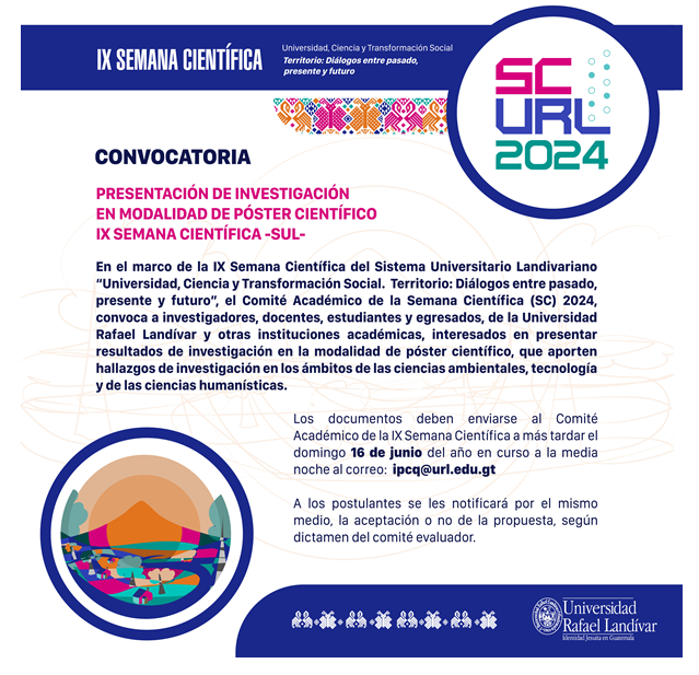En el marco de la IX Semana Científica del SUL,  el Comité Académico convoca a interesados en presentar trabajos de investigación para ser expuestos en la modalidad de póster científico. 

Convocatoria👇
 url.edu.gt/mensajeria/202…

Formato👇
url.edu.gt/mensajeria/202…

#URLinvestiga