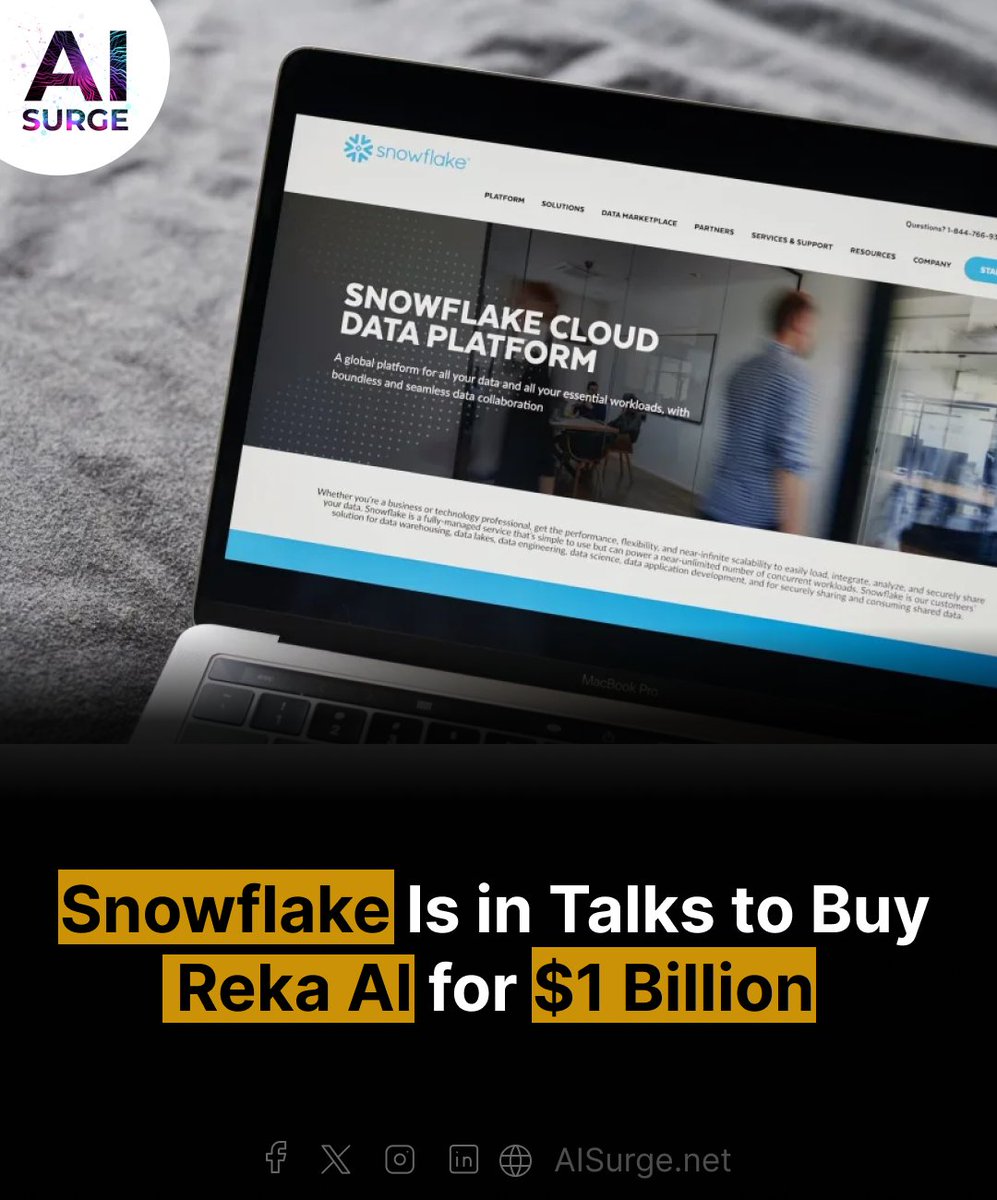Snowflake Inc. is in talks to acquire Reka AI for over $1 billion to enhance its generative AI capabilities. Reka AI, founded by ex-Google and Meta researchers, specializes in large language models. The deal, however, is not yet final. #Snowflakes #RekaAI #AIDeal