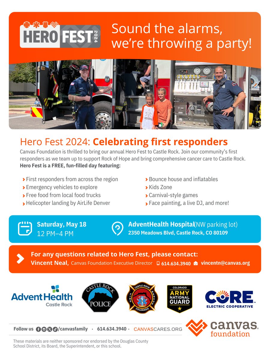 Canvas Foundation is thrilled to bring our annual Hero Fest to Castle Rock. Hero Fest is a FREE, fun-filled day. Saturday, May 18 | 12:00 p.m. - 4:00 p.m. Adventist Health Hospital (NW Parking Lot) 2350 Meadows Blvd., Castle Rock