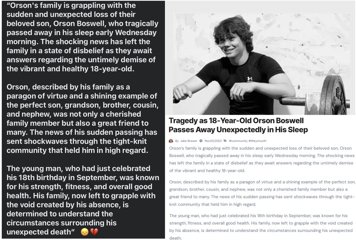 Dorset, UK - 18 year old Orson Bowsell, an athletic student, died suddenly in his sleep on Nov.15, 2023.

Parents must insist on proper autopsies, with staining for COVID-19 Vaccine mRNA and spike protein

COVID-19 mRNA Vaccine Sudden deaths at an all time high

#DiedSuddenly