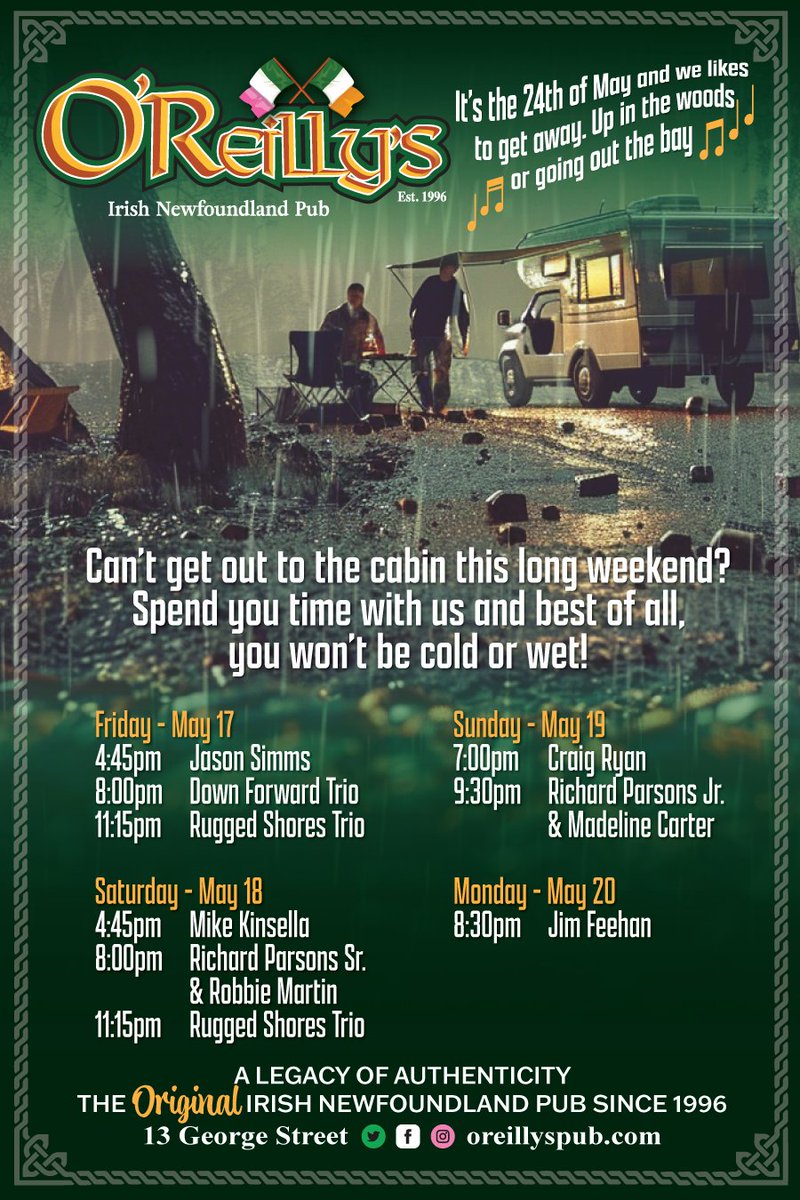 Can't get away this weekend? Spend it with O'Reilly's!🎶 Enjoy this fantastic lineup with a cold drink and delicious food! #longweekend #maylongweekend #downtownstjohns #georgestreet