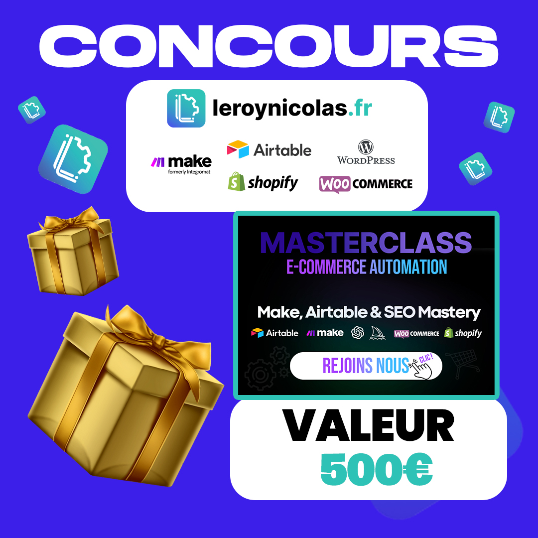 ✨ [JEU CONCOURS MAI] ✨

🎁 À gagner : MASTERCLASS E-Commerce Automation | Make &amp; Airtable.

Pour participer :
🔄 Follow <a href="/leroynicolasfr/">LEROY Nicolas</a> 
➡️ RT &amp; Like

📅 Tirage au sort le 01/06.
🍀 Que la chance soit avec vous !
🔔 Tous les mois ce concours aura lieu.