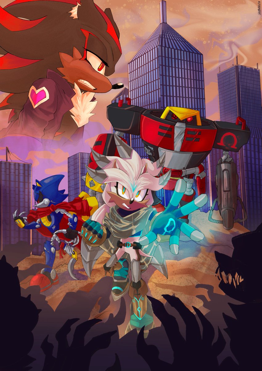 my piece for @silverfanzine !! for the post-apocalypse timeline, featuring my au entitled 'rise of rust' that fuses the metal virus arc with a last of us-style zombified future #sonicthehedgehog #silverthehedgehog