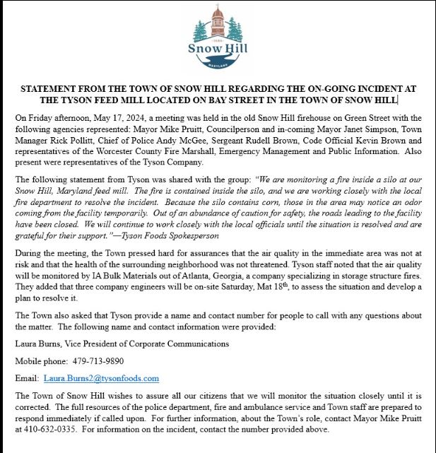 The Fire Marshal/Emergency Services are monitoring efforts by Tyson officials to mitigate a fire within a grain solo at their Snow Hill plant. FMO and DES will remain in constant contact with local partners and onsite as efforts to extinguish the fire get underway this weekend.