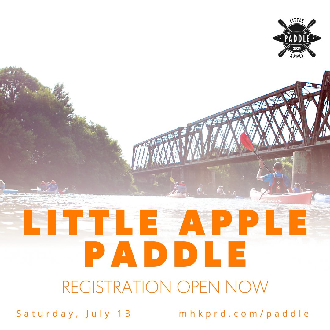 Registration is now open for the most exciting paddling event of the year! Get ready to conquer the Kansas river and experience a day full of adventure, fun, and camaraderie. Learn more and register at mhkprd.com/paddle #LittleApplePaddle #AdventureAwaits