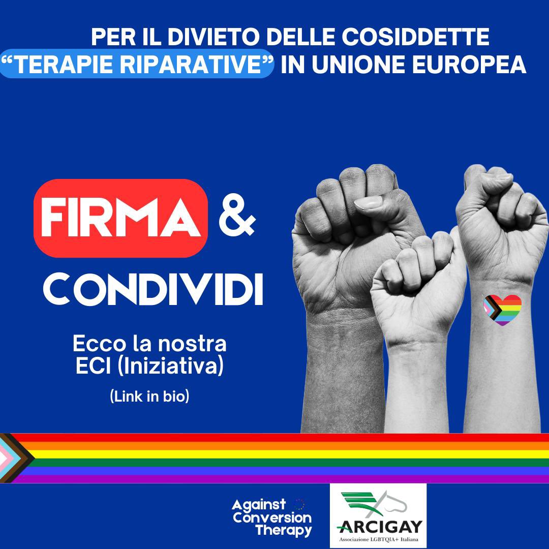 Arcigay (@arcigay) on Twitter photo 🏳️🌈Da oggi abbiamo un anno per raccogliere 1 milione di firme per vietare le “terapie” di conversione nell’Unione Europea 🇪🇺 Lo faremo con <a href="/lecoindeslgbt/">Le coin des LGBT+</a> e <a href="/ACT_LGBT/">Against Conversion Therapy</a>
👉Vai su eci.ec.europa.eu/043/public/ e firma l'ICE. Condividi poi la foto della tua firma✍️ con #banconversiontherapy 🏳️🌈Da oggi abbiamo un anno per raccogliere 1 milione di firme per vietare le “terapie” di conversione nell’Unione Europea 🇪🇺 Lo faremo con <a href="/lecoindeslgbt/">Le coin des LGBT+</a> e <a href="/ACT_LGBT/">Against Conversion Therapy</a>
👉Vai su eci.ec.europa.eu/043/public/ e firma l'ICE. Condividi poi la foto della tua firma✍️ con #banconversiontherapy