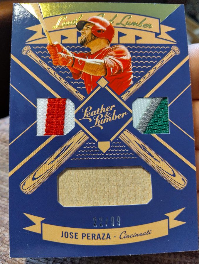 We have here a Baseball 2019 Jose Peraza #Reds Panini Lumber and Leather Triple Authentic Game Used Jersey Card #LLT-TW, only 22 of 99 made. Asking $5.00. Feel free to make any offers. Retweet or stack if you want. @Hobby_Connector @Acollectorsdrea @sports_sell