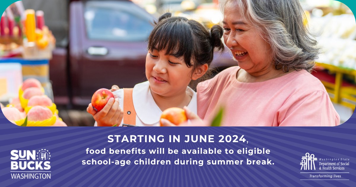WashingtonStateDSHS (@wadshs) on Twitter photo Great news! Starting in June 2024, Washington will provide SUN Bucks: $120 in food benefits to help families w/ eligible school-age kids buy groceries during the summer. Learn more about this new program: dshs.wa.gov/sunbucks
#SUNBucks #SummerEBT <a href="/USDANutrition/">USDANutrition</a> <a href="/waOSPI/">WA State OSPI</a> Great news! Starting in June 2024, Washington will provide SUN Bucks: $120 in food benefits to help families w/ eligible school-age kids buy groceries during the summer. Learn more about this new program: dshs.wa.gov/sunbucks
#SUNBucks #SummerEBT <a href="/USDANutrition/">USDANutrition</a> <a href="/waOSPI/">WA State OSPI</a>