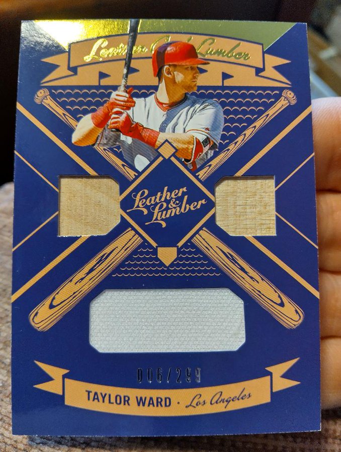 We have here a Baseball 2019 Taylor Ward #Angels Panini Lumber and Leather Triple Authentic Game Used Jersey Card #LLT-TW, only 6 of 299 made. Asking $3.00. Feel free to make any offers. Retweet or stack if you want. @Hobby_Connector @Acollectorsdrea @sports_sell