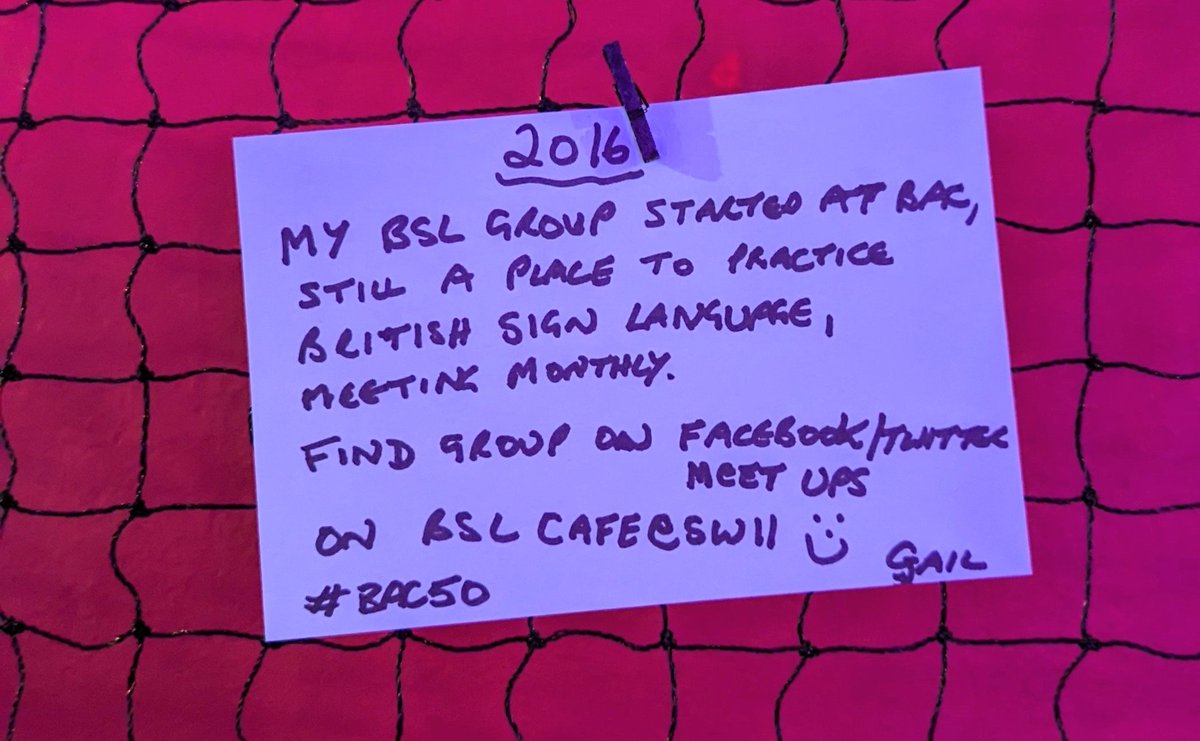Memory wall <a href="/battersea_arts/">BatterseaArtsCentre</a> #BAC50 fab group, very friendly and welcoming, do follow <a href="/CafeBsl/">BSL Cafe@SW11</a>