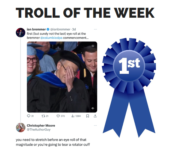 you think my eye roll was bad? you should've seen the audience when i said 'try listening to the other side' .... congrats @TheAuthorGuy, you're #trolloftheweek!