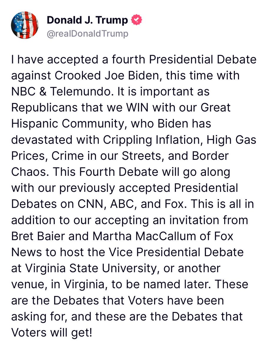 Wow, checkmate move by Trump to accept a debate invite from NBC and Telemundo. Can Biden, given his collapsing support with Latino voters, really say no here? Genius.