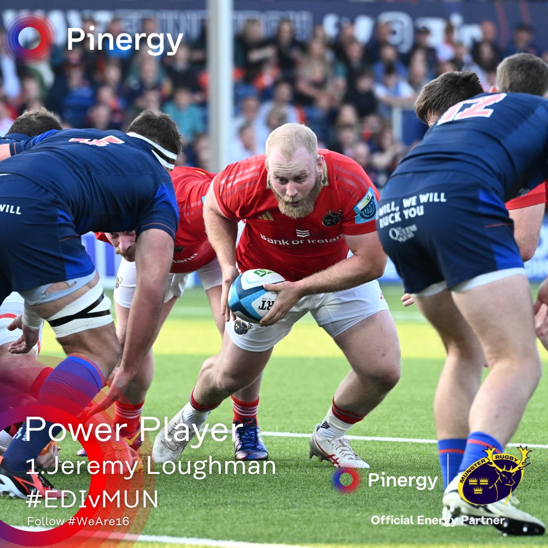 Jeremy Loughman was the game’s Pinergy Power Player in @Munsterrugby's thrilling 29-26 victory away at Edinburgh, which secures a home quarter-final. 
 
He topped the stats for tackles made (19), as well as carries (14).

#EDIvMUN #SUAF🔴 #WeAre16