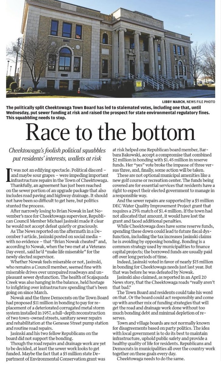 “The idea with local government is to do its best to maintain infrastructure, uphold public safety and provide a healthy quality of life for residents. Republicans and Democrats all over the country work together on these goals every day. 

Cheektowaga needs to do the same.”