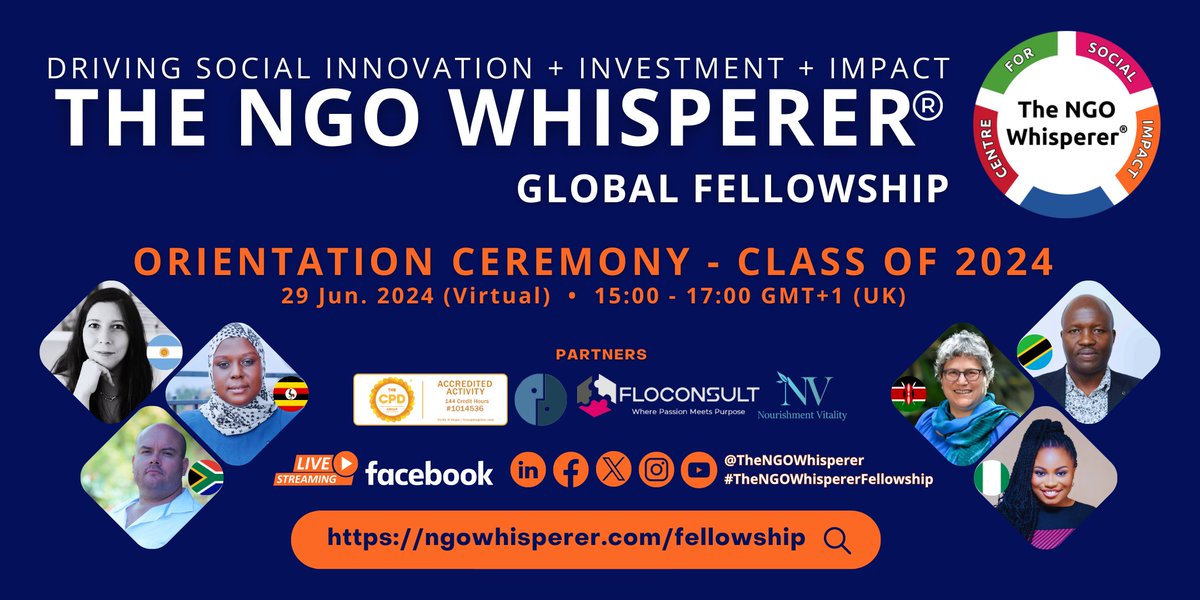 @TheNGOWhisperer invites you to the 4th Orientation Ceremony of #TheNGOWhispererFellows - Class of 2024, hosted by our Founder/CEO, @CarolyneAOpinde
▪ Date: 29 Jun. 2024
▪ Time: 15:00 GMT+1 (UK)
▪ Link: ngowhisperer.com/fellowship
#socialinnovation #socialinvestment #socialimpact