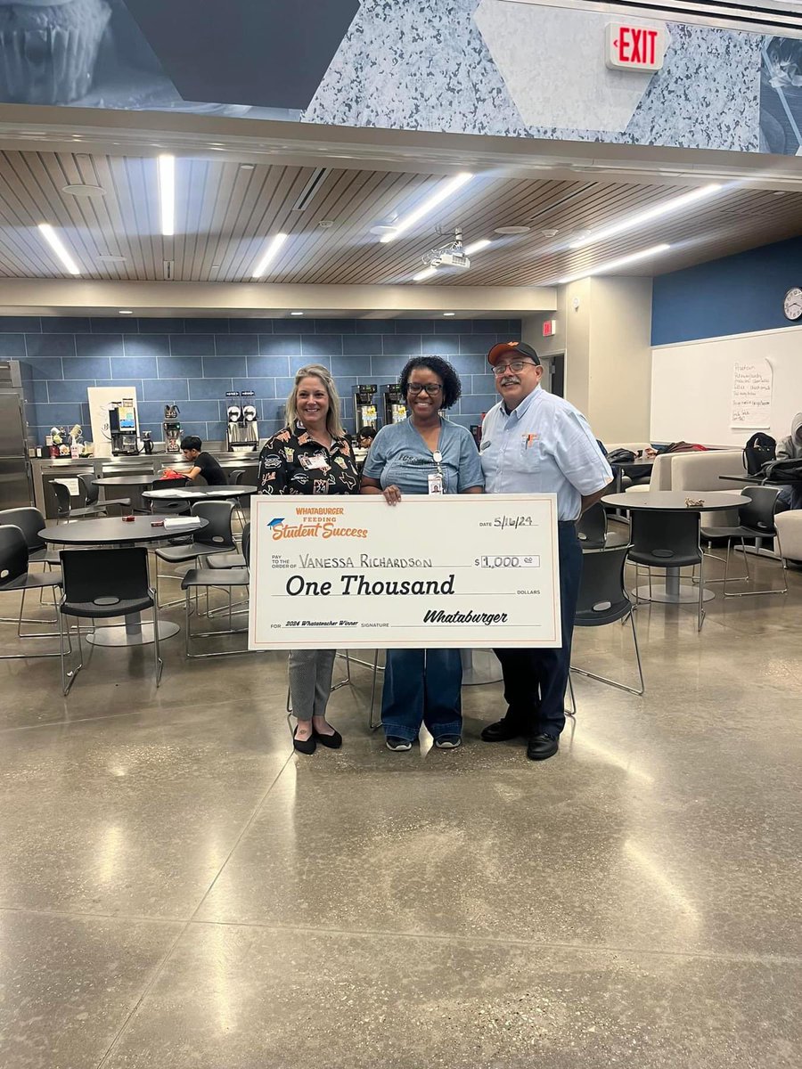 Thank you @Whataburger for recognizing our “what-a-teacher” Ms Richardson with a grant for education. She is an advanced culinary instructor taking students to new heights every day! Only 63 teachers were recognized in the Nation! #FutureReady @J_Renaissance