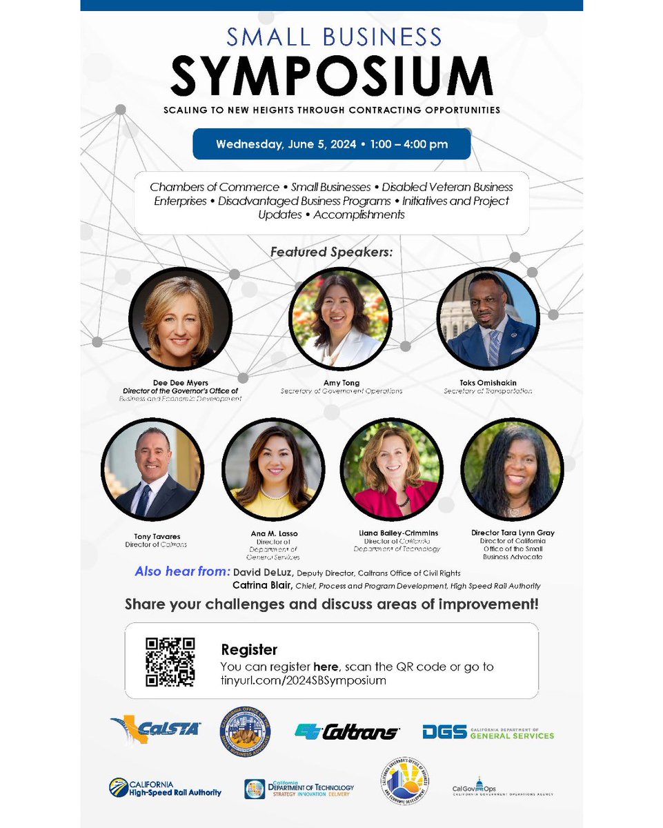 📣📣📣 You do NOT want to miss the CA Small Business Symposium! Free for all attendees to hear of valuable contracting opportunities & directly engage w/CA’s top leadership about challenges & ideas for improvement in this critical area. Register ⬇️ now! 💫 @CAforAll