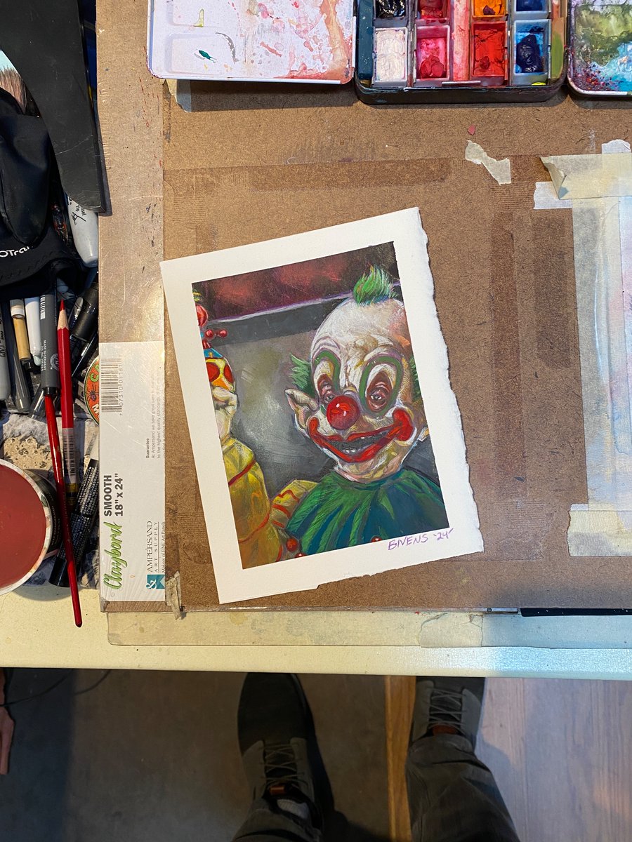 Quick, tiny, painting of Shorty from KILLER KLOWNS FROM OUTER SPACE!!! Mixed media, but mainly gouache. #originalart #killerklownsfromouterspace #horror #painting #shorty