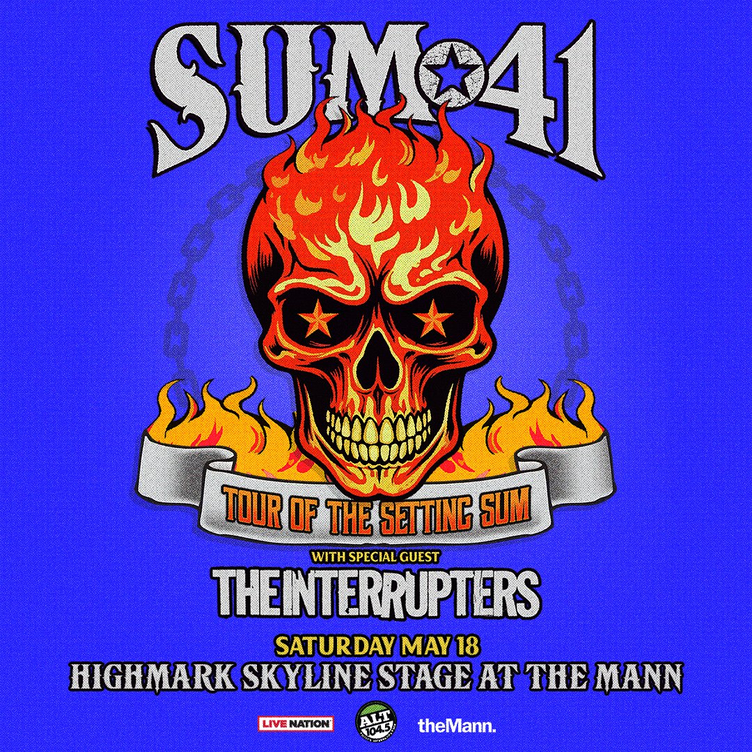 Tonight! @Sum41 brings their final tour to our Highmark Skyline Stage. With special guests @TheInterrupters & @JoeyValence & Brae. Doors: 5:30PM, Showtime: 6:30PM. Let's go! 🔥