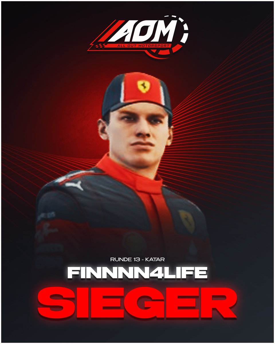 Es ist ebenfalls der SIEG für Finn in Katar! 🇶🇦 Damit ist Finn Champion! 🏆 1) Finnnn4Life 2) PaulPanta 3) Massltoff 4) Harzer4Life 5) MaaasL Freitags 20:30 Uhr, LIVE auf Twitch! twitch.tv/alloutmotorspo… #AllOutMotorsport #F1 #SimRacing